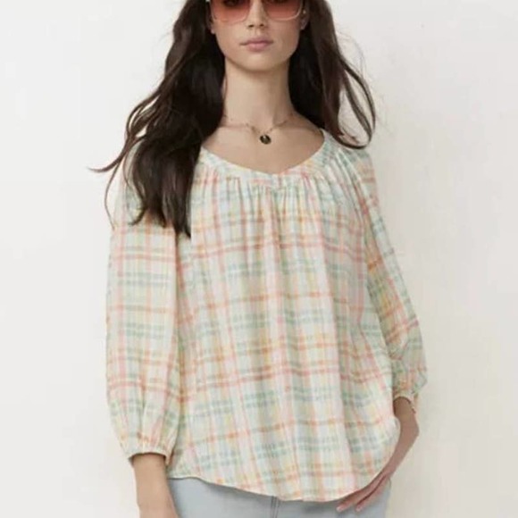 LC Lauren Conrad  plaid V Neck Peasant Blouse Size  XXL (NWOT) - Picture 1 of 11